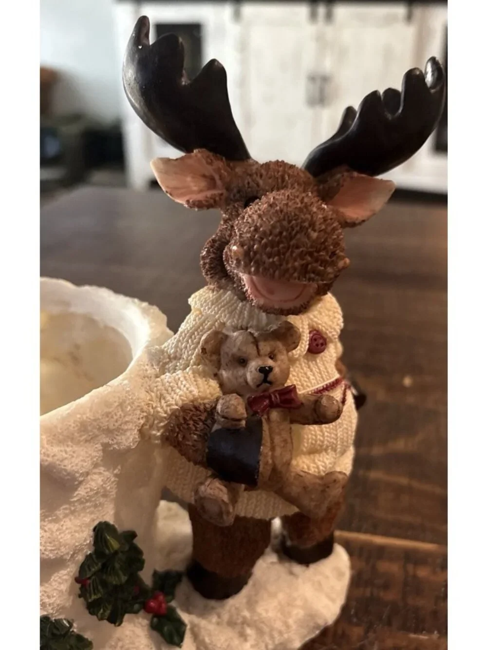 Christmas Winter 7.5” Moose holding Bear & 4” side Planter/Candle Holder
